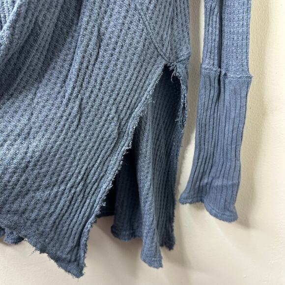 Md Free People Sunset Park Drippy Thermal Top Blue Slouchy Boho Waffle Knit Cozy - Picture 6 of 8